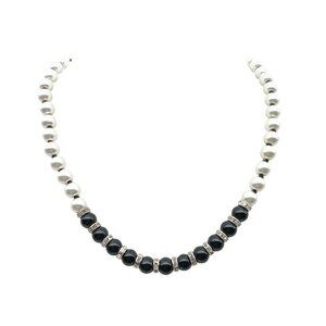 Elegant Vintage Black & White Beaded Necklace with Rhinestone Accents & Adjustab